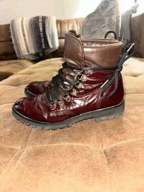 Imported German Leather Women’s Burgundy Patent Leather Lace-Up Heeled Boots